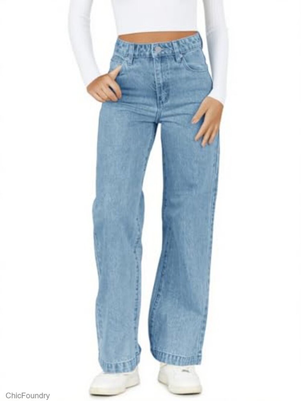 Girls High Waisted Straight Leg Jeans Stretch Casual Pants with Pockets